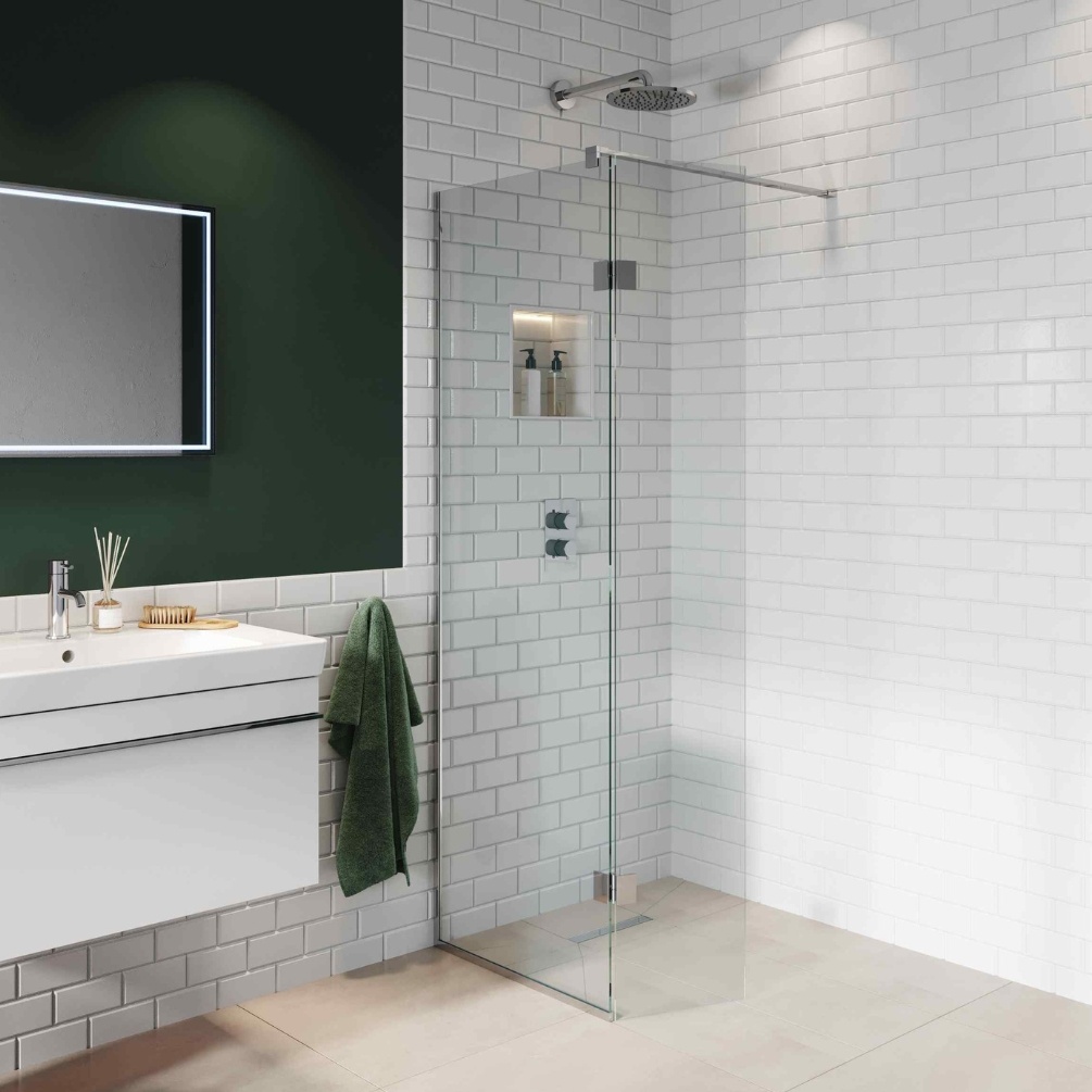 Lifestyle image of the Abacus Chrome 700mm Wetroom Screen with Wall Support Bar & Deflector Panel